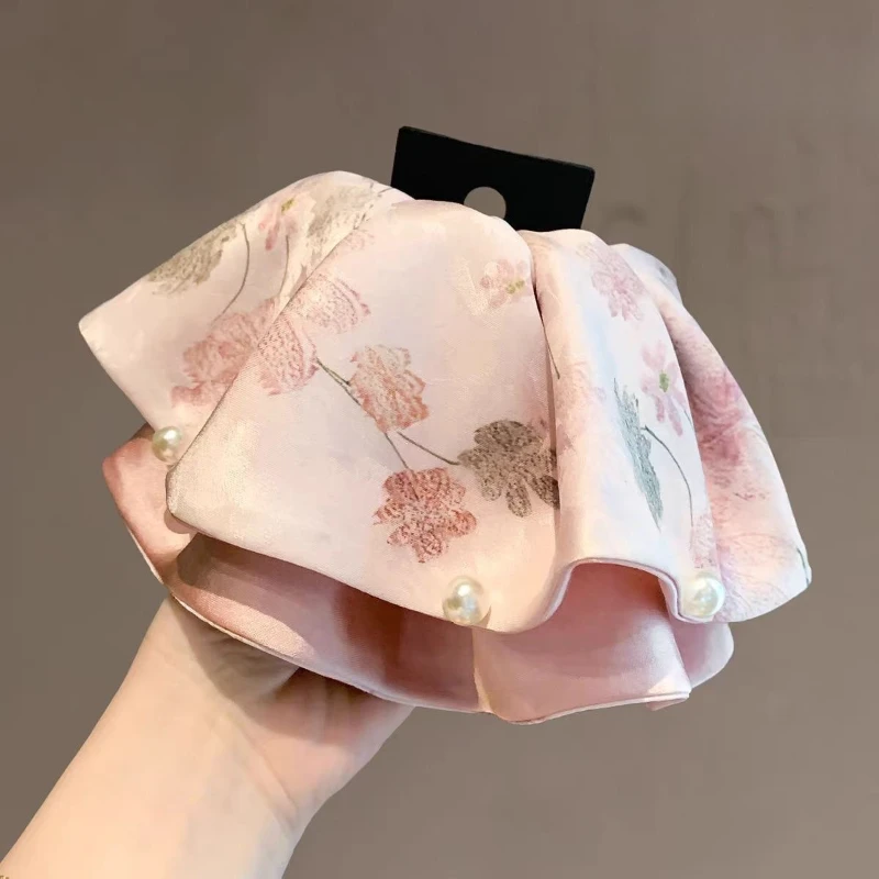 

LTT new Chinese style elegant printing satin pearl ponytail clip temperament gentle disc hairpin