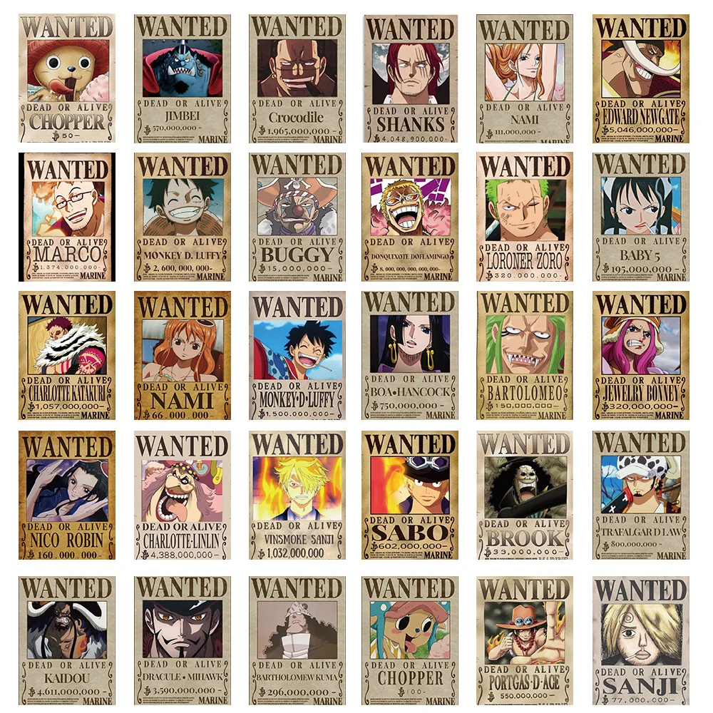 56 pezzi Anime One Piece Wanted Poster adesivi Cool Cartoon Decal Laptop Notebook Decorazione del telefono Adesivo da parete Graffiti