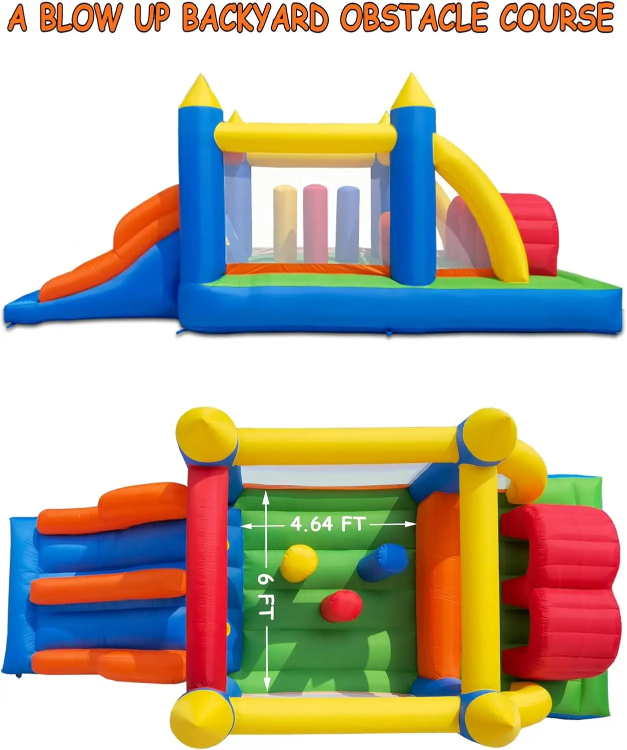 16.3x7.2피트 어린이용 에어바운스 장애물 놀이기구 (듀얼 레이싱 슬라이드, 크롤링 터널, 클라이밍, 장애물, 점핑 기능 포함)