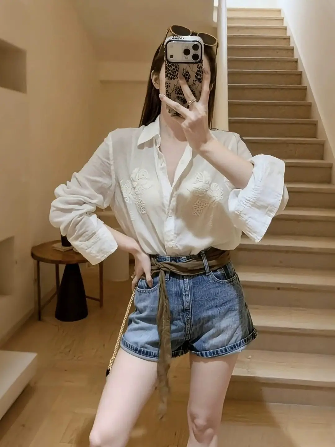 

Summer Fashion plus Size Women's Sun Protection Embroidered Shirt And Denim Shorts Korean Style Luxury Set Casual Wear