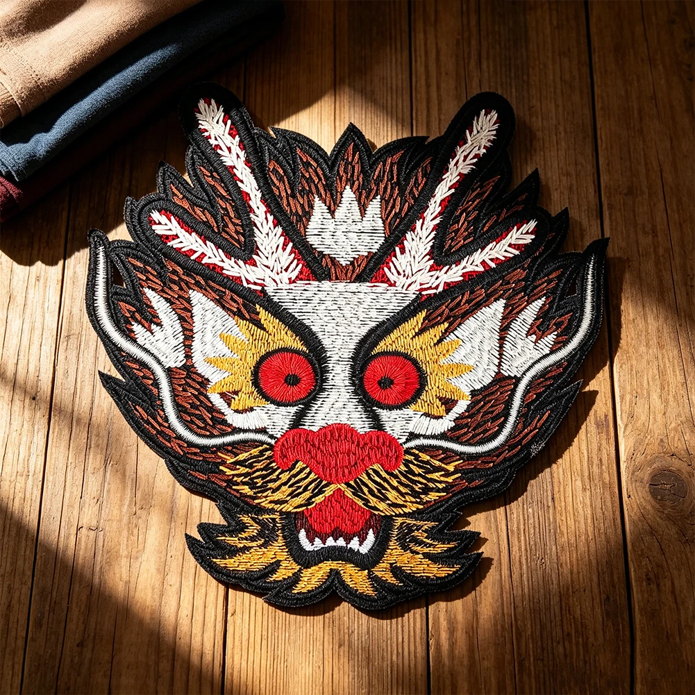 Chinese Dragon Head Embroidered Patch Oriental Dragon Iron‑On Applique for Clothing Pants Jacket Jeans Stickers Adhesive Patches