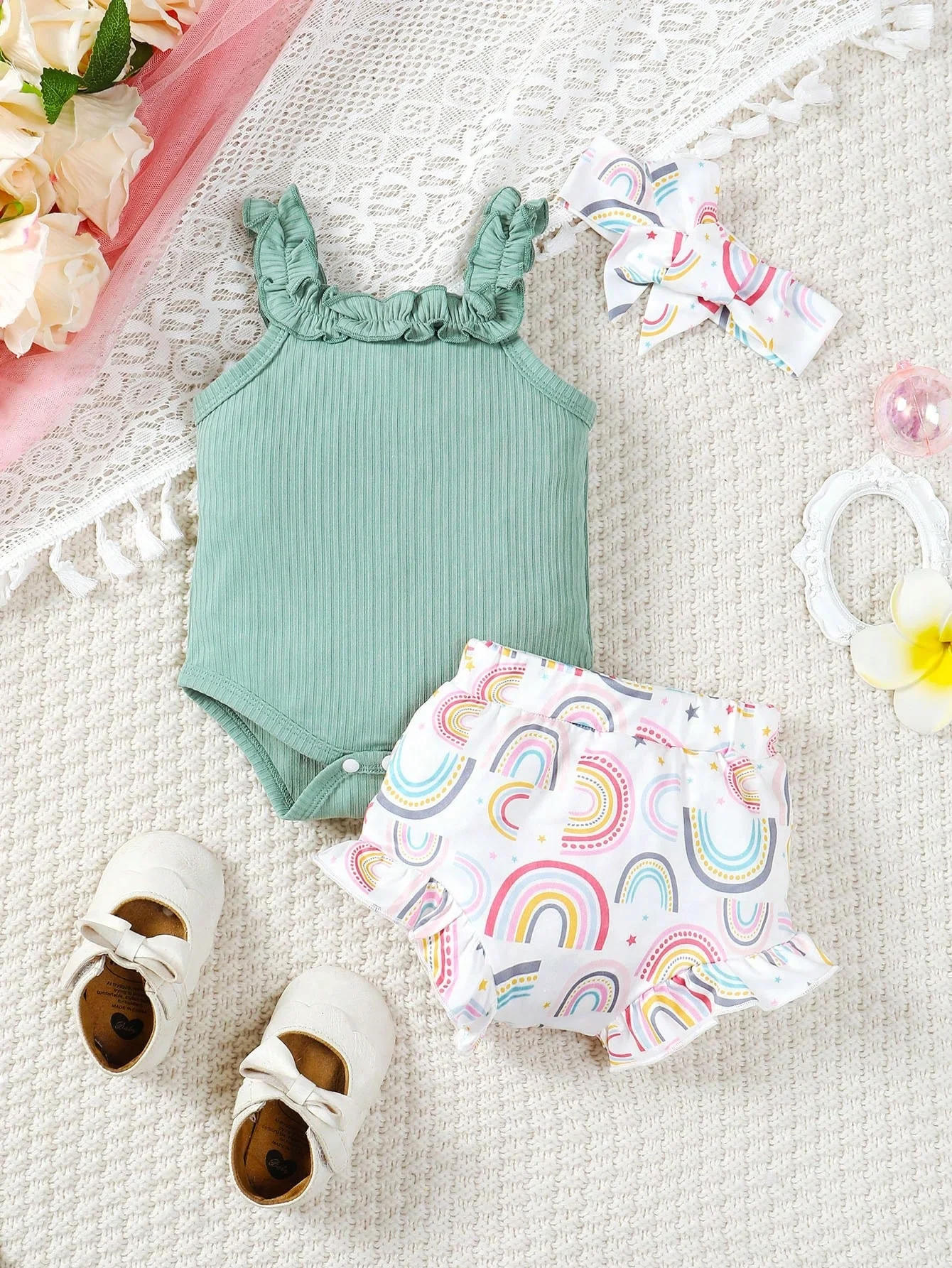 

Summer Infant Baby 0-1 Years Old Girls Jumpsuit Triangle Shorts With Hair Band 3-Piece Set