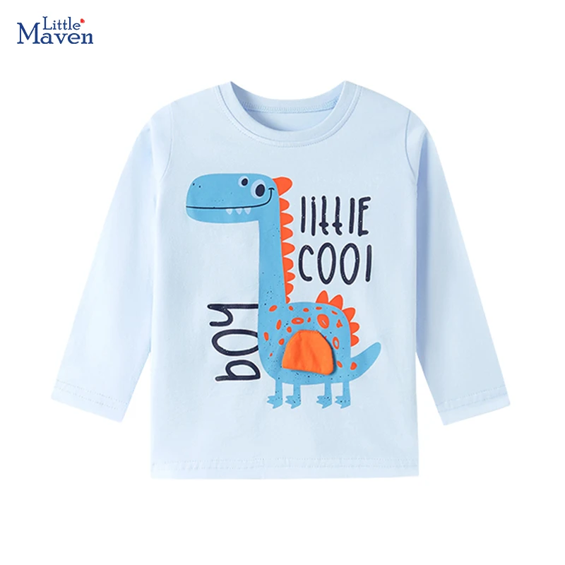 Little Maven 2026 Autumn Spring Cartoon Dinosaur Long Sleeves T-shirt Cotton Tops Baby Boys Kids Clothes Children's Clothing