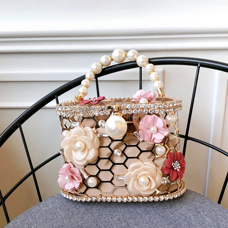 Flower Pearl Women Clutches Evening Bags Rhinestone 2020 Luxury Ladies Diamond Gold Clutch Purse Wedding Party Metal Honeycomb