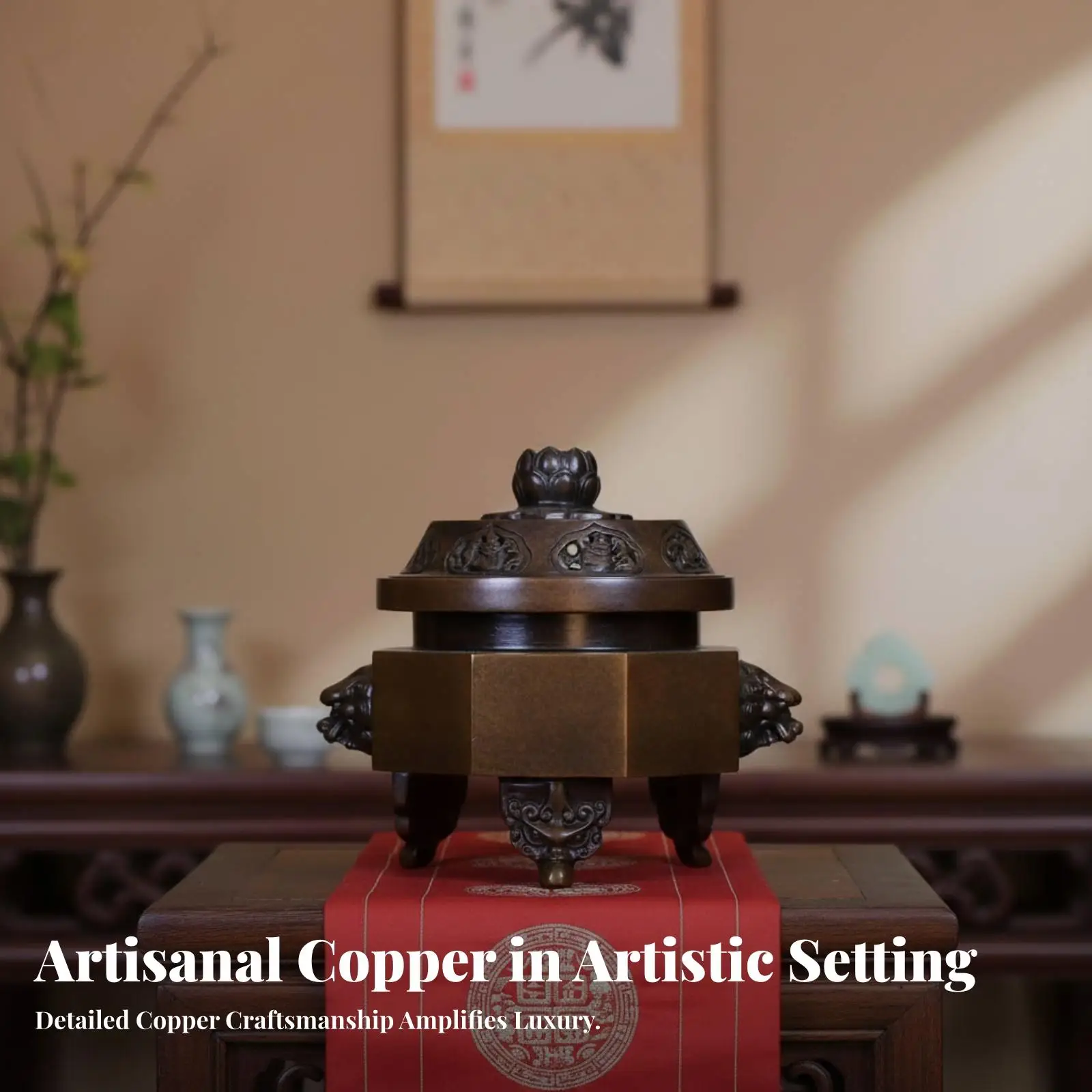 Brass Copper Incense Burner Antique Ornate Lid Decorative Altar Scent Burner with Three Feet Incense Holder for Home Temple