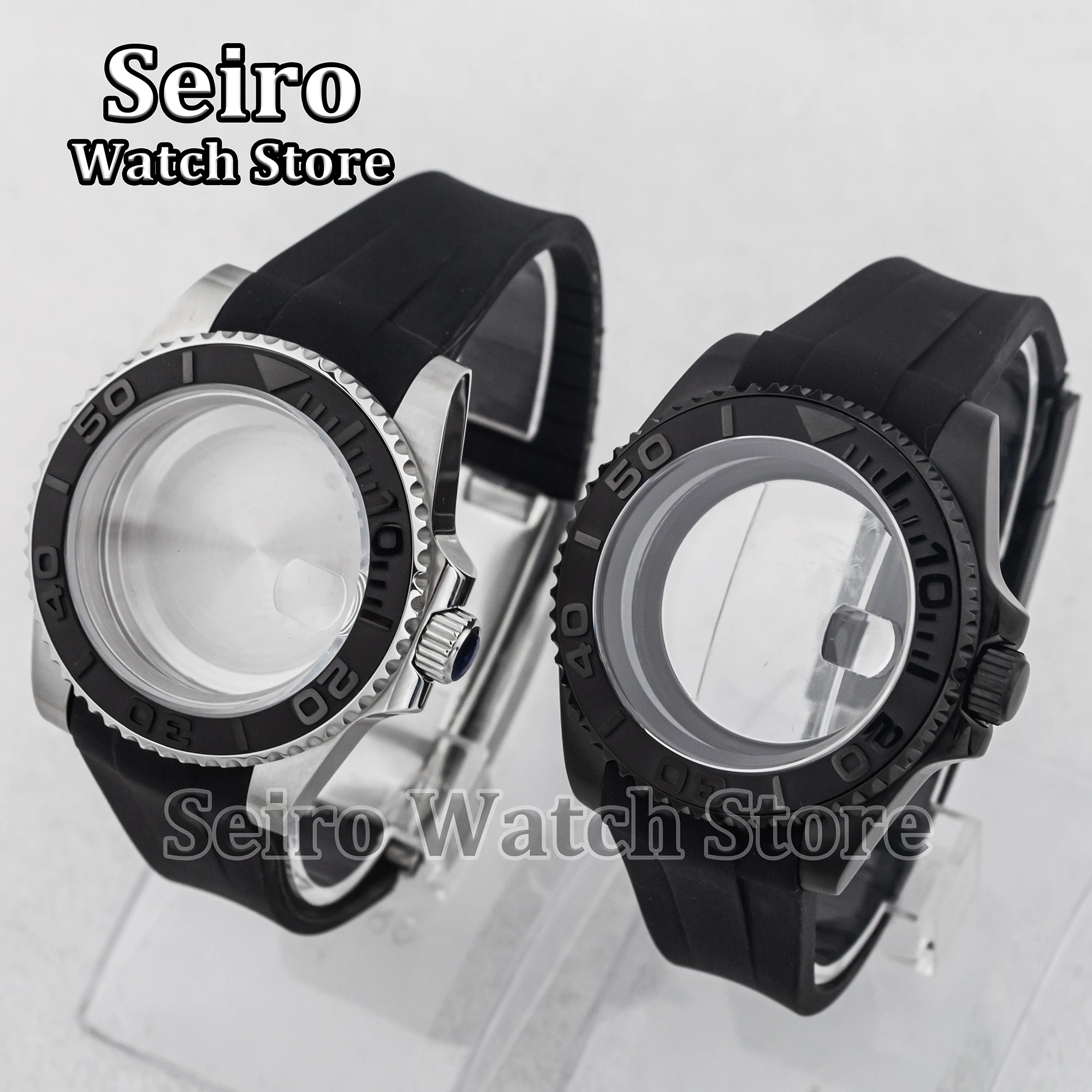 

40MM Watch Case Rubber Strap Sapphire Glass Black Bezel Stainless Steel 10ATM Waterproof for NH34 NH35 NH36 NH38 Movement Parts