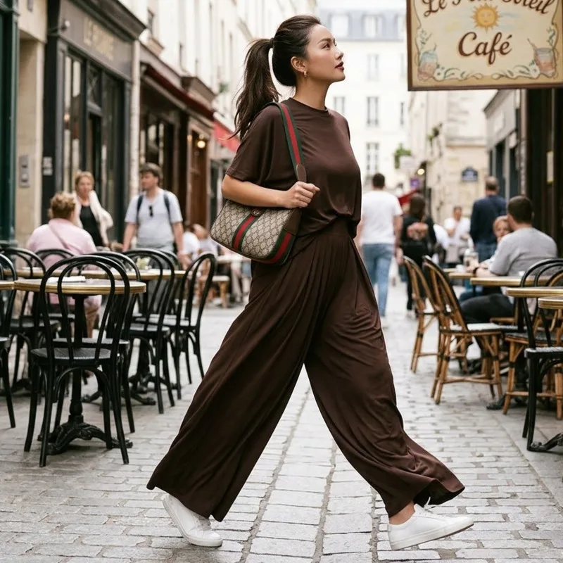 Solid Color Casual Loose Comfortable Crewneck Top With Wide Leg Pants Set For Women Cozy Everyday Home Office Travel Outfit Gift