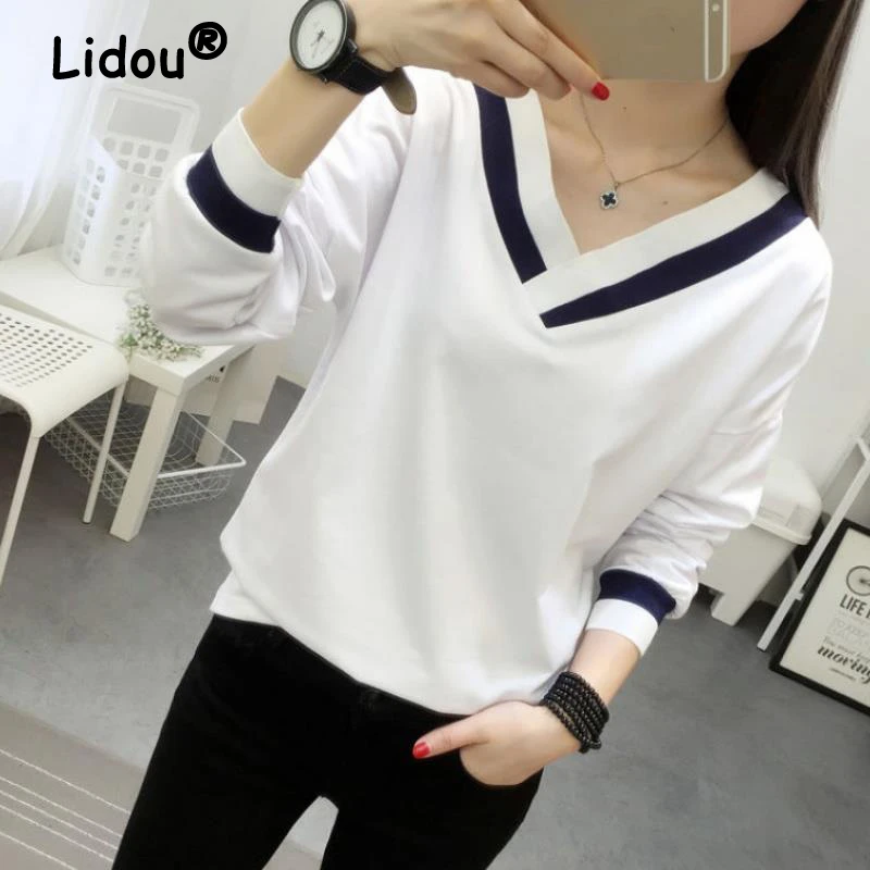 

2022Spring Autumn Women's Casual V-neck Long Sleeve Korean Simple T-shirt Fashion Loose Cotton Basic Tee Top Female Clothing 5XL