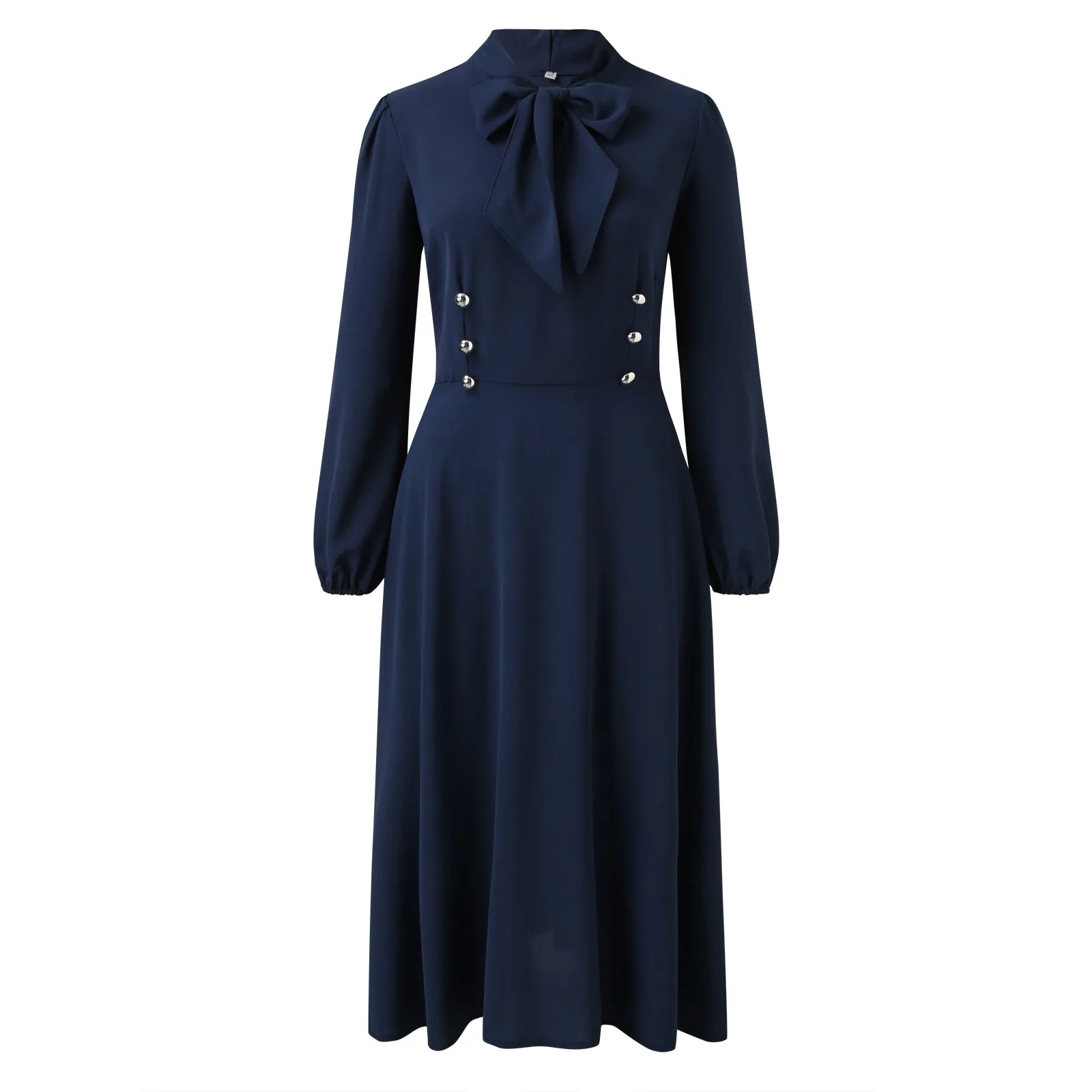 

Autumn Women's Vintage Dress Stand Collar Long Sleeve Temperament Bowknot High Grade Style Retro Dresses Office Lady Dresses