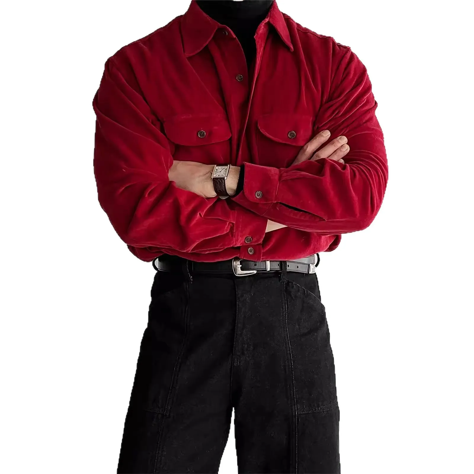 

Corduroy Long Sleeve Shirt Men's Flip Cover Pocket Wedding Celebration Retro Style Casual Shirt