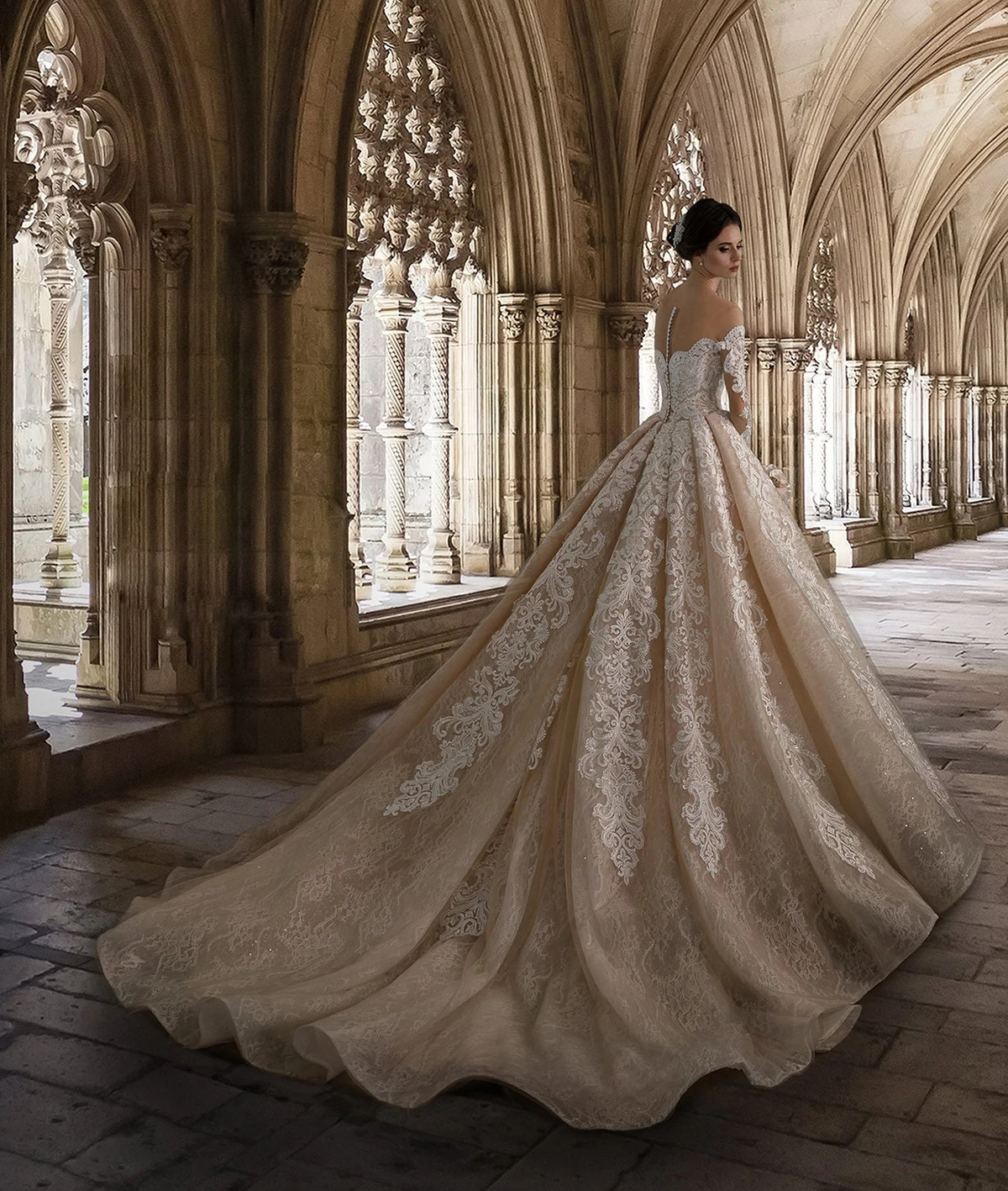 Vestido de novia de vestidos de novia champán con hombros descubiertos, Retro, bordado, hecho a medida, apliques de encaje