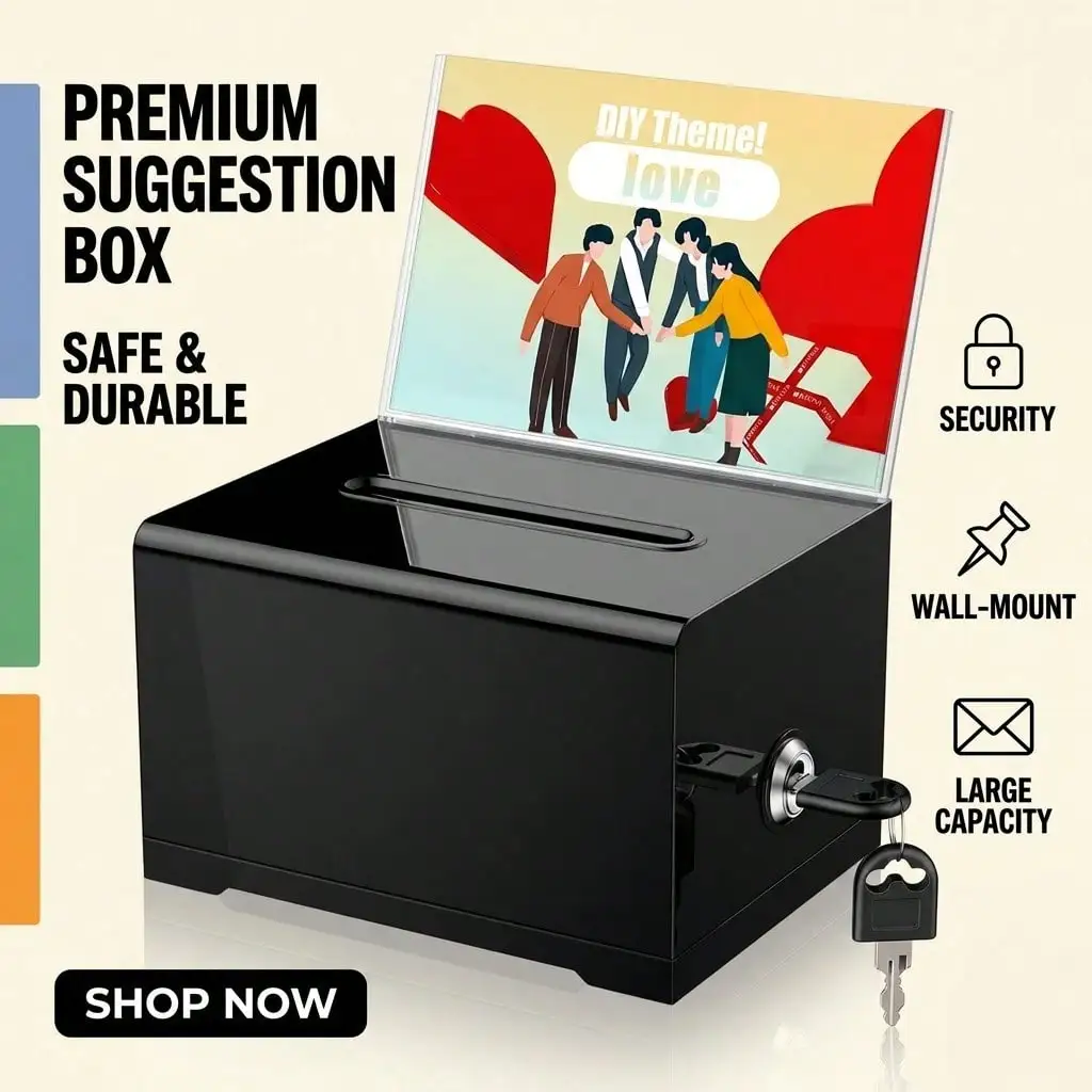 Black Acrylic Donation Box With Slot And Lock, Clear Sign Holder, Charity Collection Box, Suggestion Box, Ballot Box And Tip Jar For Events And Office