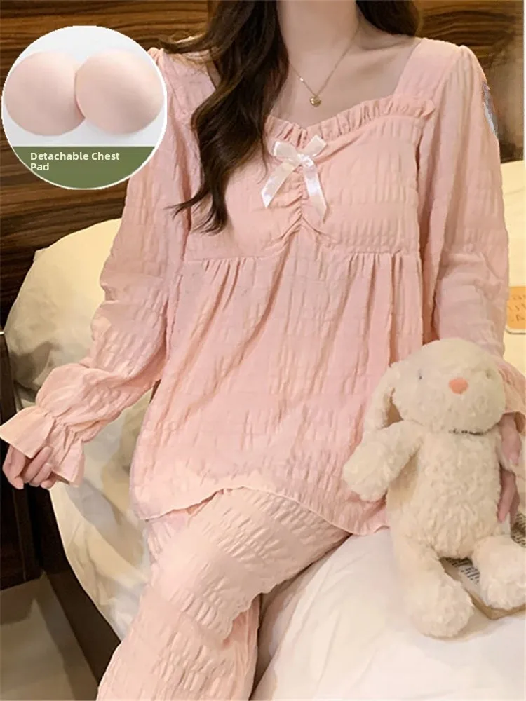 

Princ Sle Long Sve Spwear Set, женская милая кружевная домашняя одежда, весна-осень, Новое поступление, хлопковый комплект с v-образным вырезом и подкладкой...