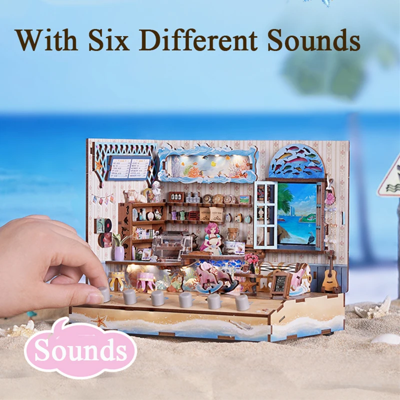 3D Wooden Puzzle Beachside Coffee Casa Assembled Miniature Model Kits With Sound Puzzles Friends Birthday Gifts Home Decoration