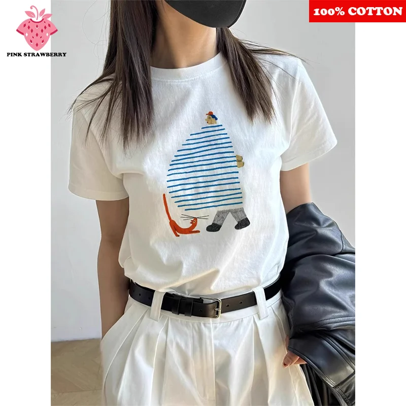 

Funny Cartoon Print White T-shirt Women Summer 2025 New 100% Cotton Korean style Short sleeves Loose Tee Y2k Tops Female clothes