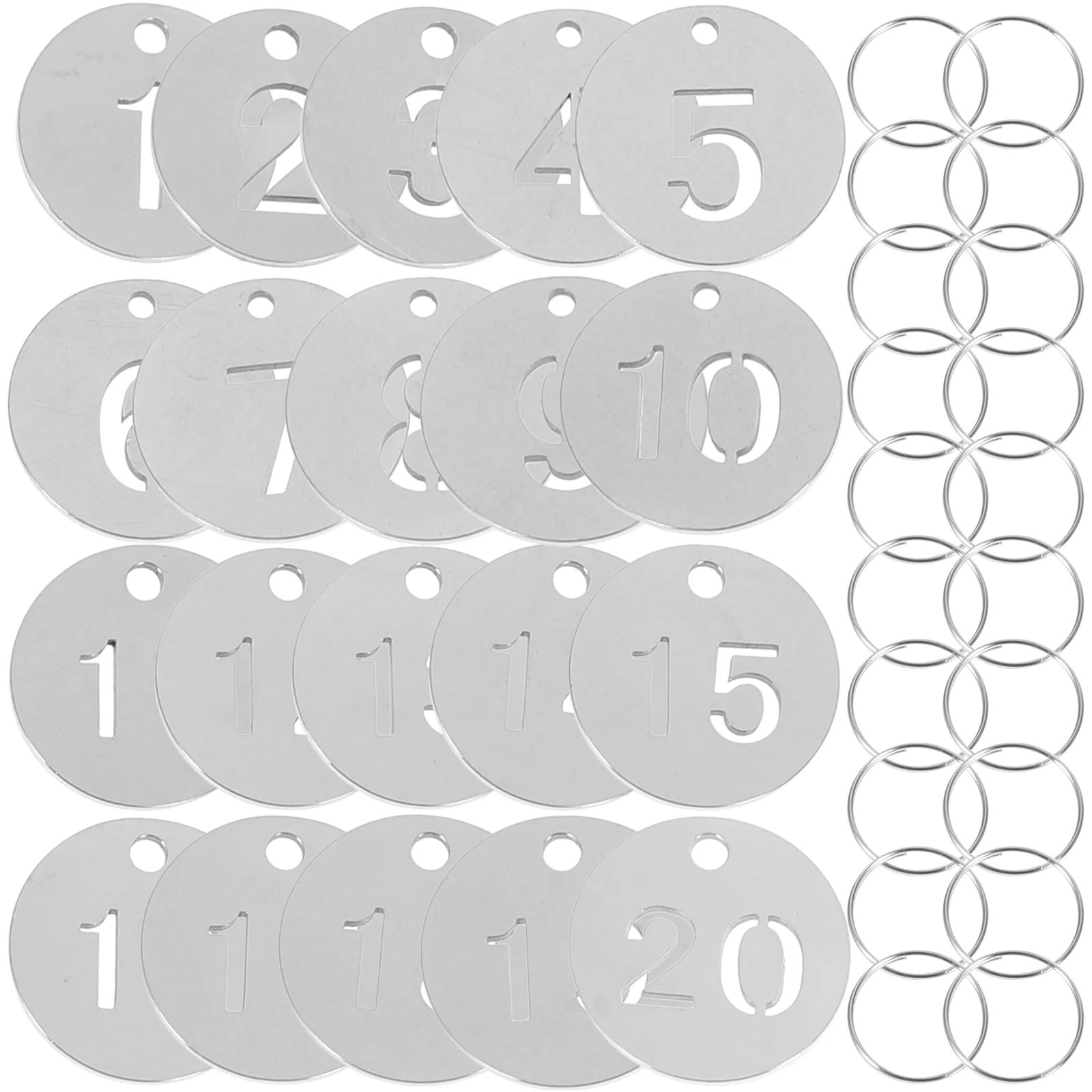 20 Pcs Luggage Number Tags Stainless Steel Plate Waist Band Cards Identifiers Silver Key Labels with Rings Office