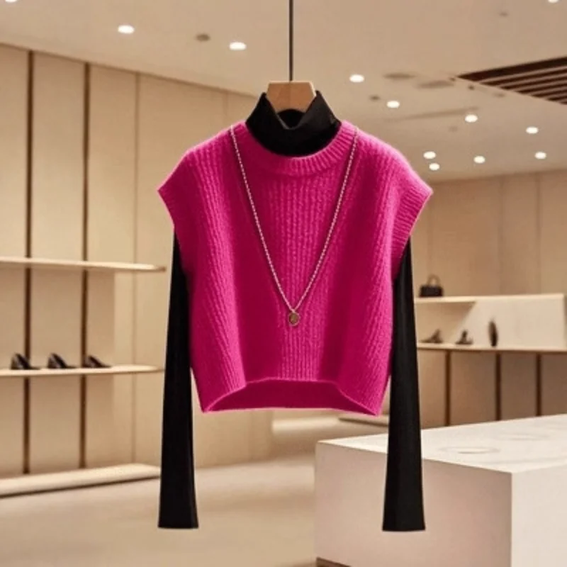Autumn And Winter New Style Retro Soft Lazy Vibe Rose Pink Sweater Knit Fashion Minimalist Elegant Pullover Vest For Women