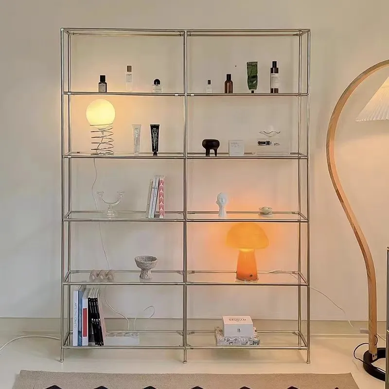 Mittelalterliches Edelstahl-Aufbewahrungsregal, luxuriöses Bücherregal, mehrstöckiges Wandregal, vom Boden bis zur Decke reichendes Glasregal für Schuhe und Taschen.