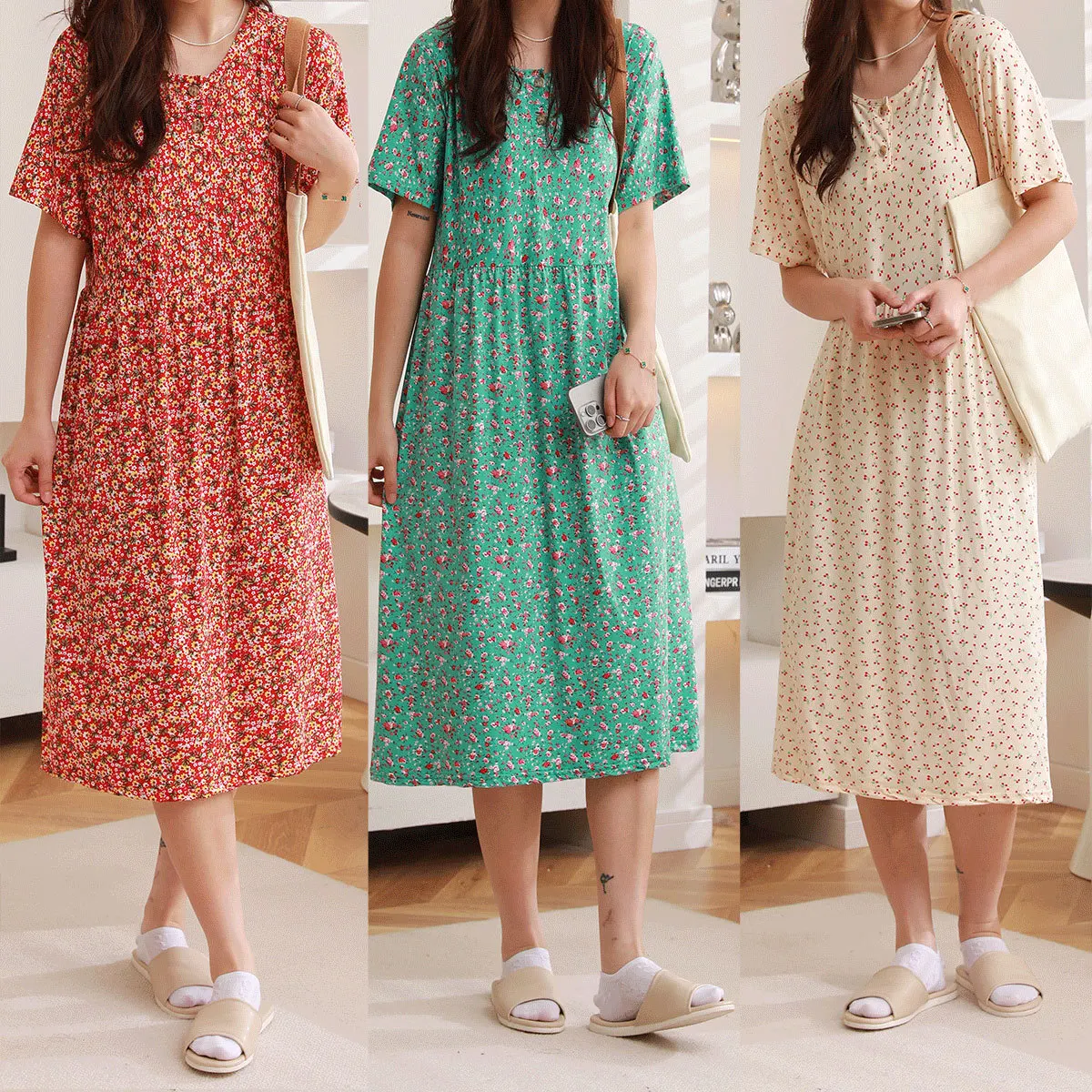 Summer Ladies Nightdress Floral Dress New Nightdress Loungewear Middle-Aged and Elderly Short Sleeve Long Skirt Loungewear