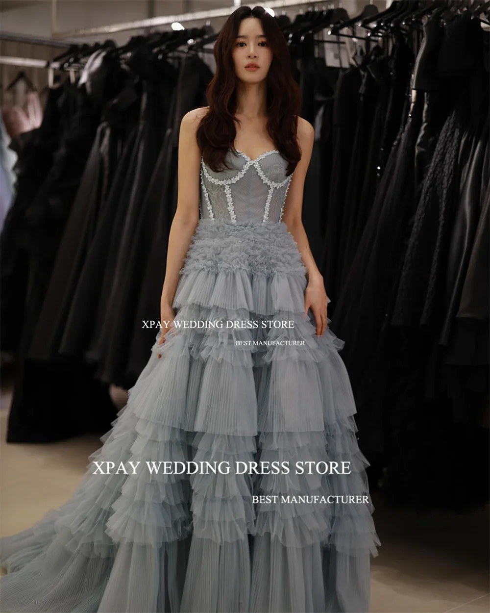 XPAY Luxury Dusty Blue Korea Evening Dresses Photos Shoot Ruffles Tiered Fairy Tulle Evening Gowns Beads Corset Prom Party Dress