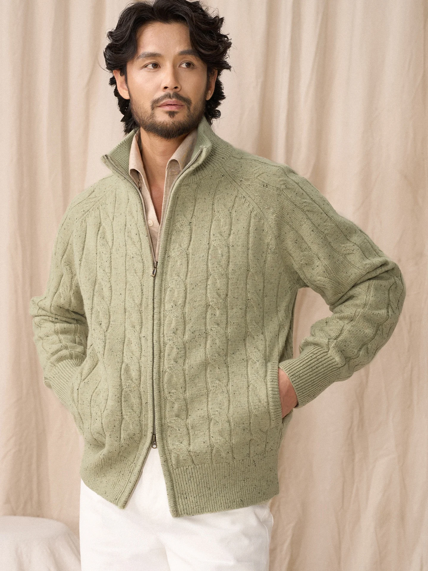 

Мужской утепленный шерстяной вязаный кардиган с двойной молнией, узором «косы» и воротником-стойкой, теплый, повседневный, зимний