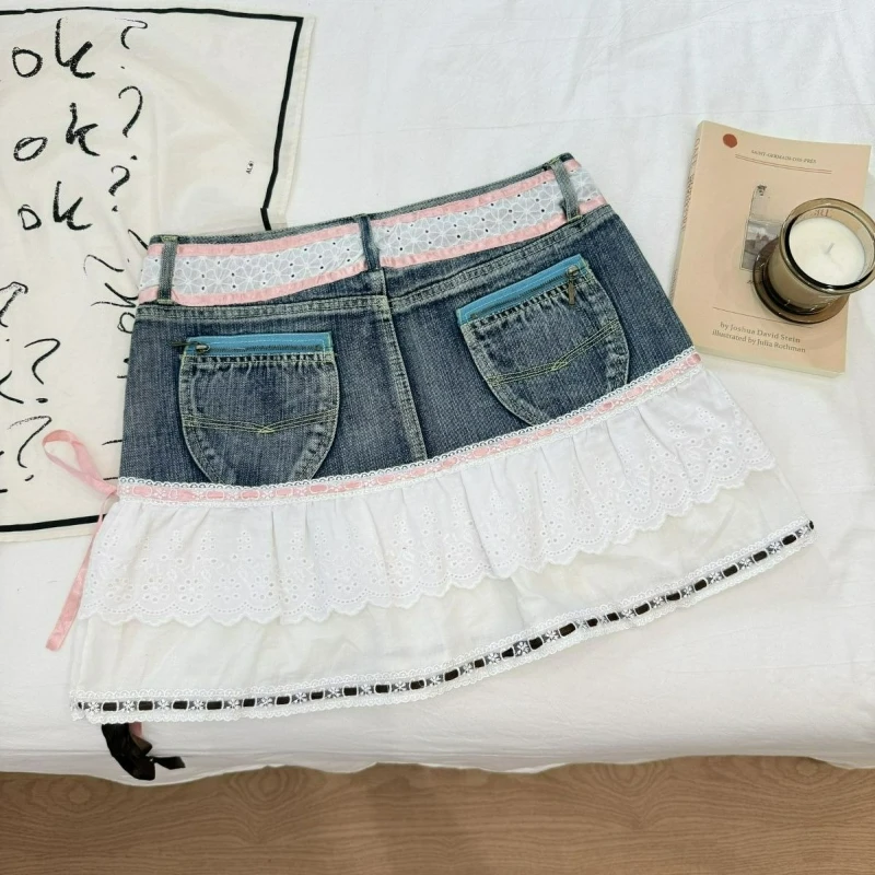 Japanese Kawaii Lolita Style Denim Pleated Skirt Women Sweet Lace Ruffles Patchwork Short Skirts Korean Y2k Cute Bow Mini Skirts