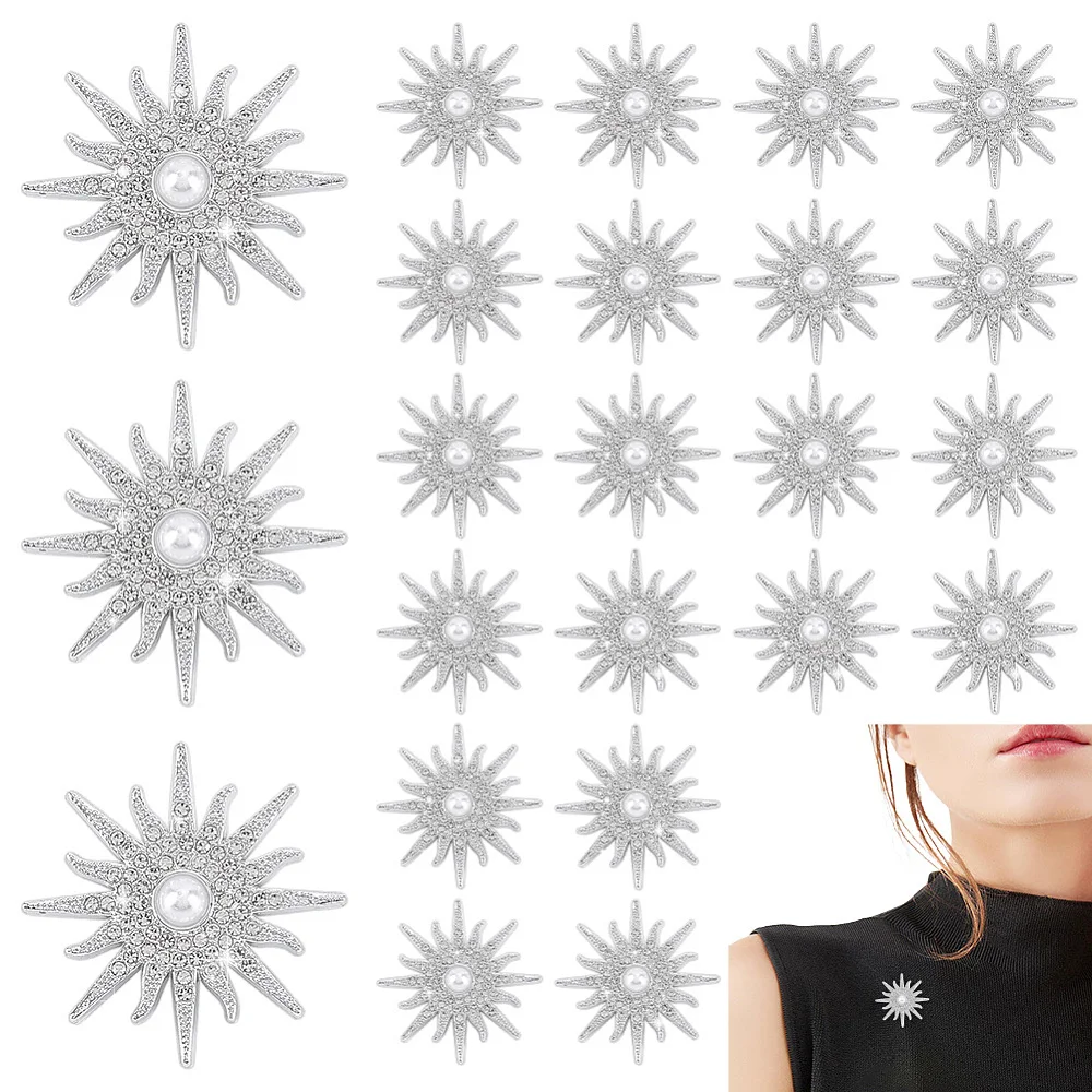 24Pcs Rhinestone Star Burst Brooch Pins Sparkling Snowflake Pearl Lapel Collar Pins Clip Dainty for Clothes Backpacks Sweater