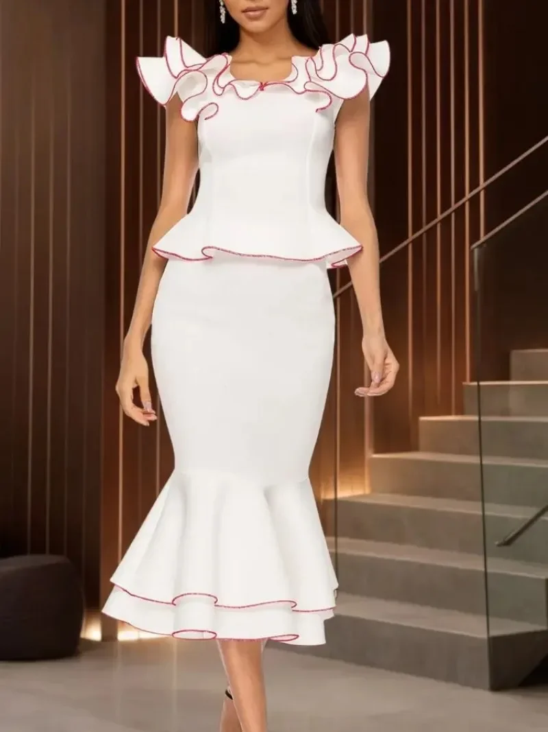 

African Two Pieces Sets Ruffles Sleeveless Mid-calf Bodycon Skirts Office Ladies Work Business Party Suit Event Wedding Guest