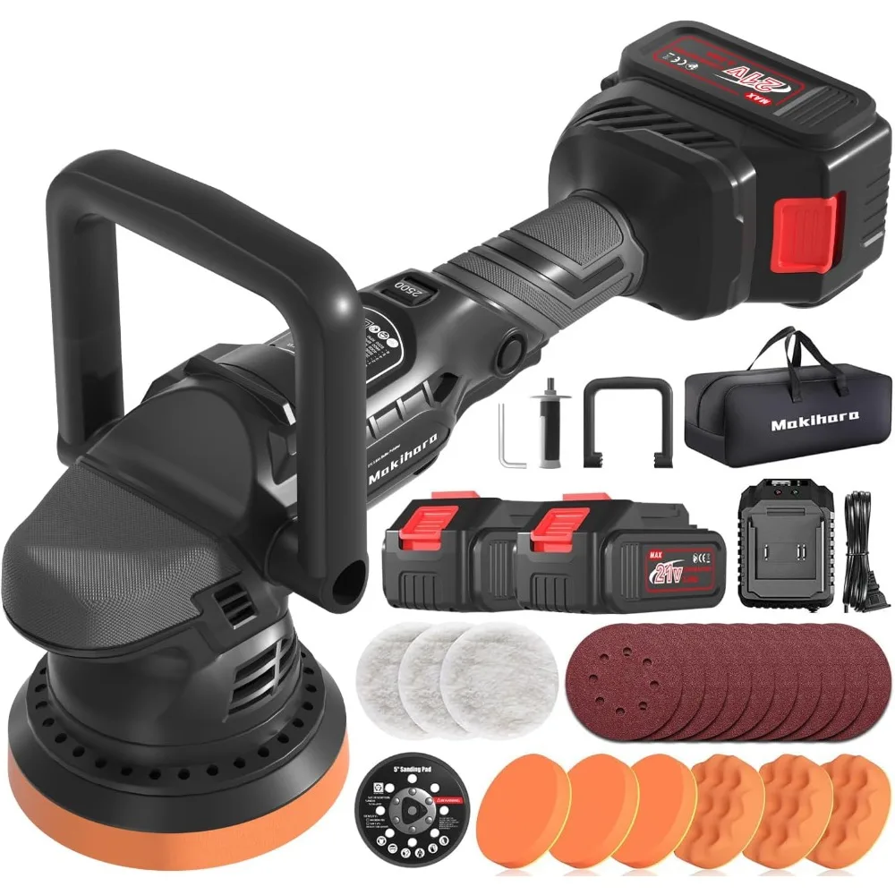 

Cordless Buffer Polisher, 5 Inch Random Orbital Car Polisher Waxer, 6 Variable Speed 1000-5200 RPM, 21V 3.0Ah Batteries, 28Pcs