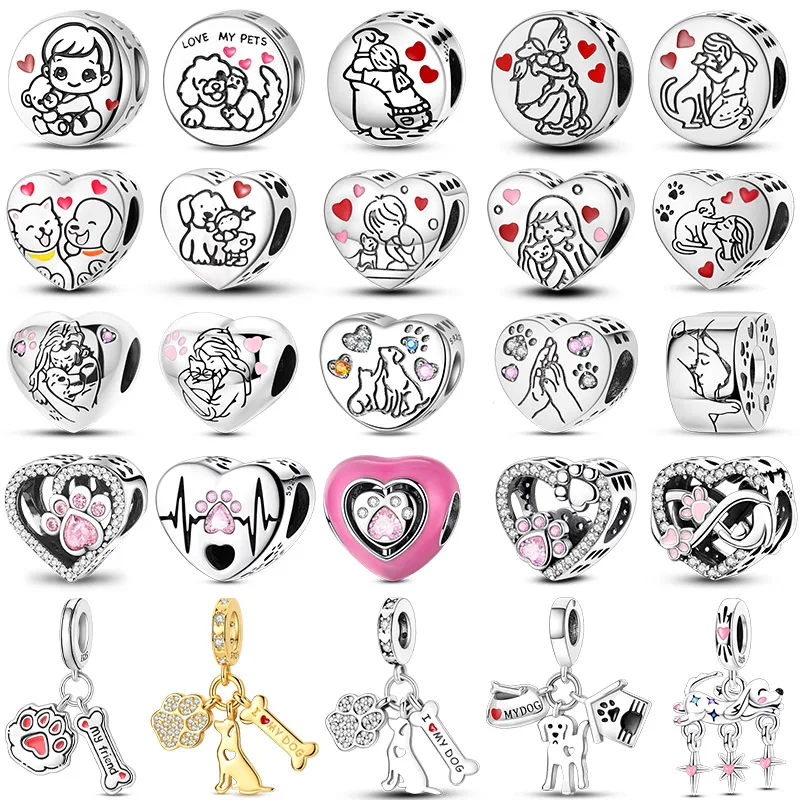 „I Love My Pets“-Charm-Perlen aus 925er Silber, herzförmige rosa Zirkon-Krallen-Anhänger, passend für Original-Armbänder, feiner DIY-Geburtstagsschmuck