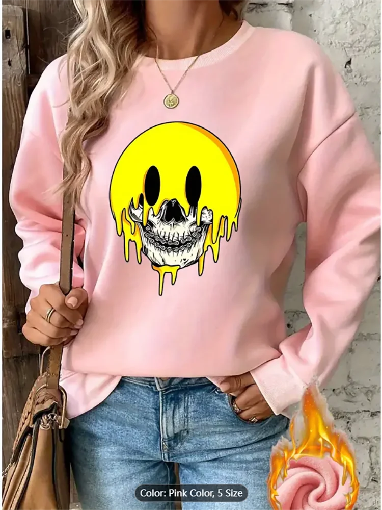

Женская толстовка с графическим принтом «Тыпляющая улыбка» и черепом на флисовой подкладке, повседневный пуловер большого размера, топ для острых стилей, чистый хлопок