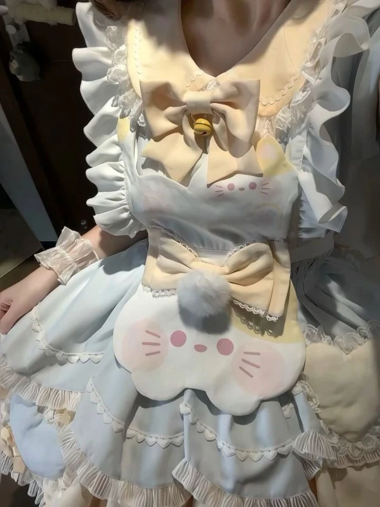 2025 ฤดูร้อนน่ารักLolitaลูกไม้แมวชุดผู้หญิงBow Suspenderผ้ากันเปื้อนPatchworkชุดเจ้าหญิงหวานญี่ปุ่นใหม่ 2 ชิ้นชุด