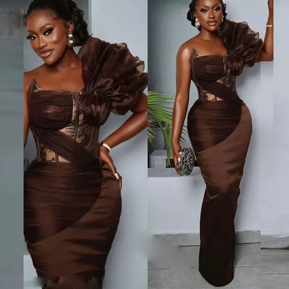 2026 Applique Ruche Schouder Galajurken Chocolade Galajurken Korset Lace Up Elegante Avondjurk Recht Op Maat Gemaakt
