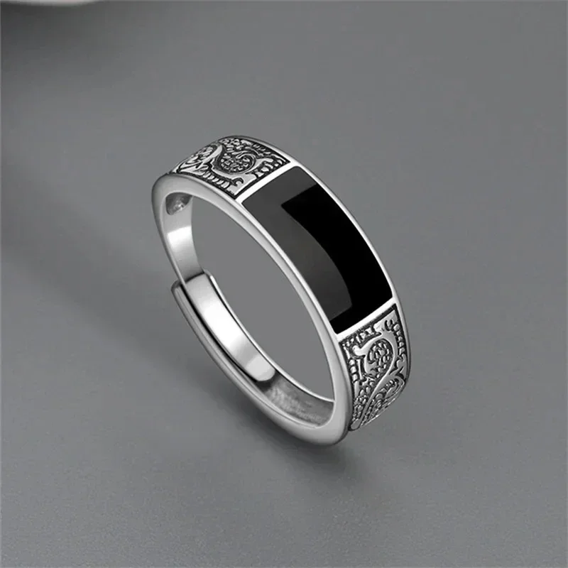 Trendy Vintage Silver Ring for Men Jewelry Black Rectangle Retro Dragon Pattern Ring Male Rings Adjustable 남자 반지 남자친구 선물