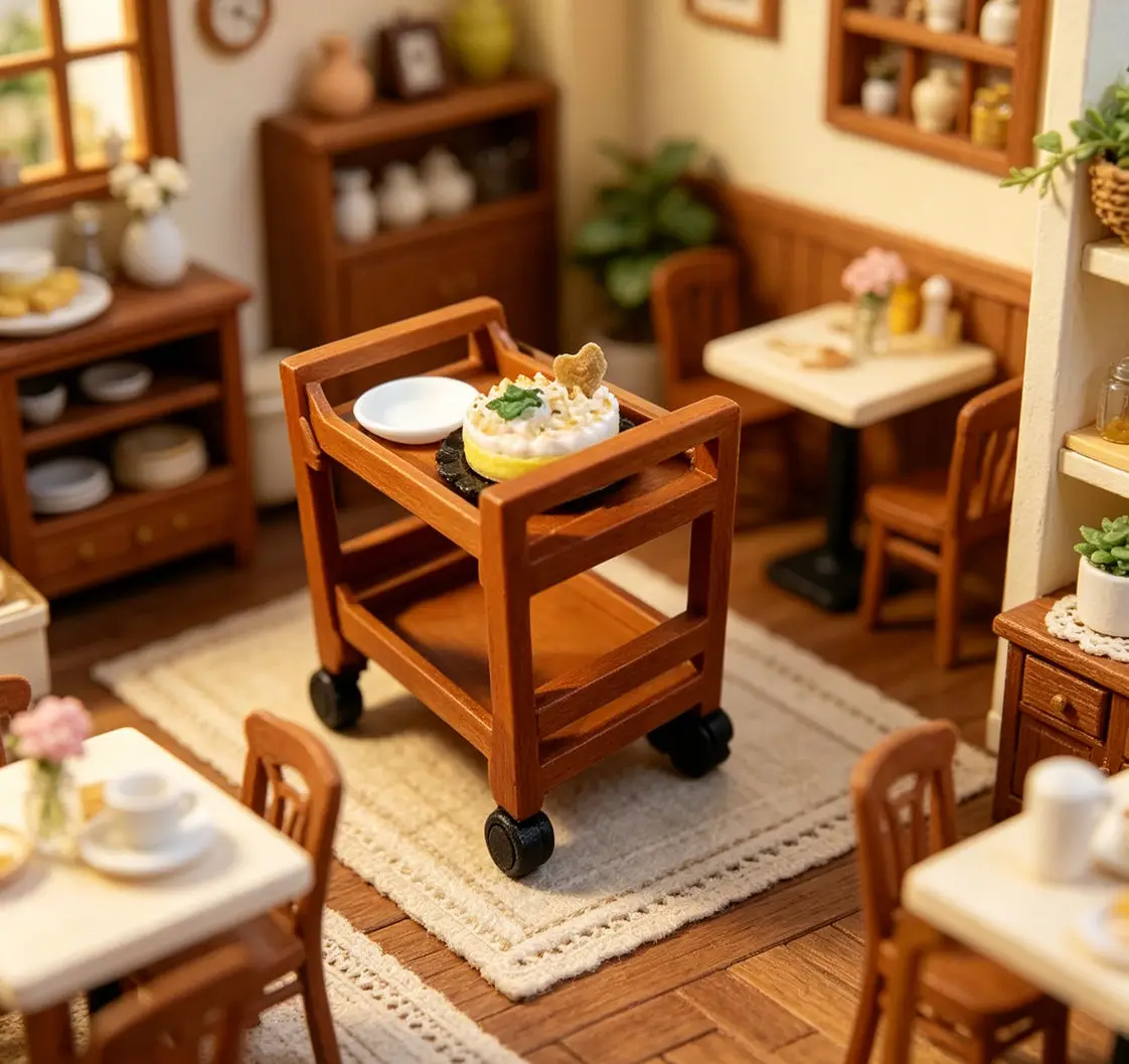 Dollhouse Mini Bar Cart, Service Trolley with Wheels,Rolling Serving Cart for Dollhouse Kitchen,Bar&Restaurant SceneLayout