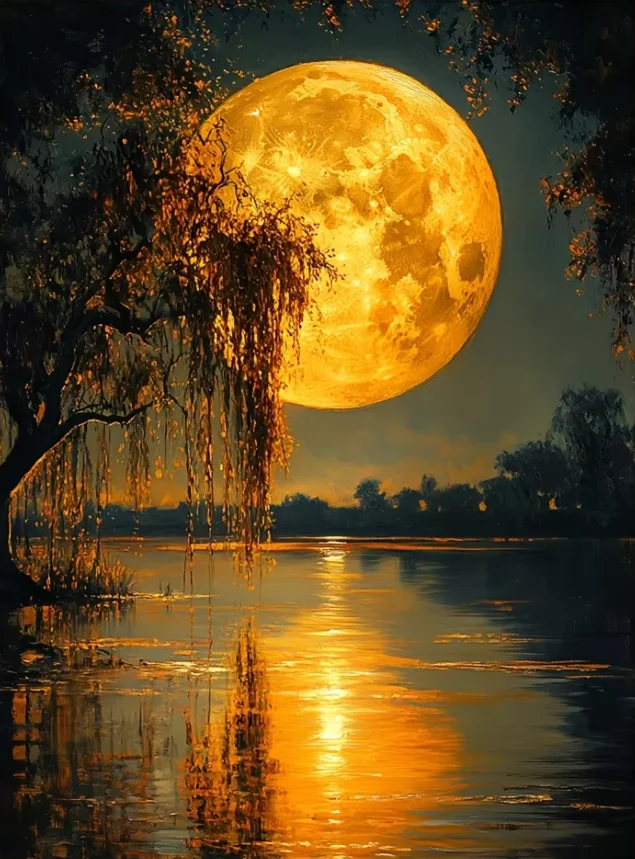 

Giant Golden Full Moon Weeping Willow Lake Reflection Jigsaw Puzzle,Calm Water Glowing Moonlight Night Landscape Wall Decor Gift