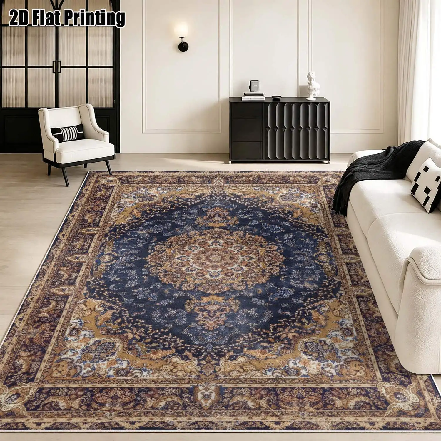 1Pc 2D Printed Dark Blue Persian Velvet Carpet: European Vintage, Bohemian, Floral & Geometric, Machine Washable, Multi-Size, for Home Decor & Multi-Scene Use