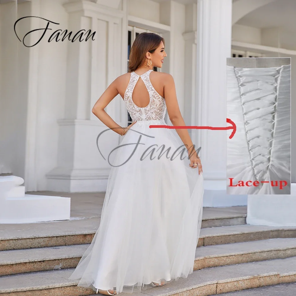 Abito da sposa a trapezio in pizzo con perline scintillanti abito da sposa senza schienale o-collo senza maniche in Tulle robe de mariée Appliques abito da ballo vestidos novia