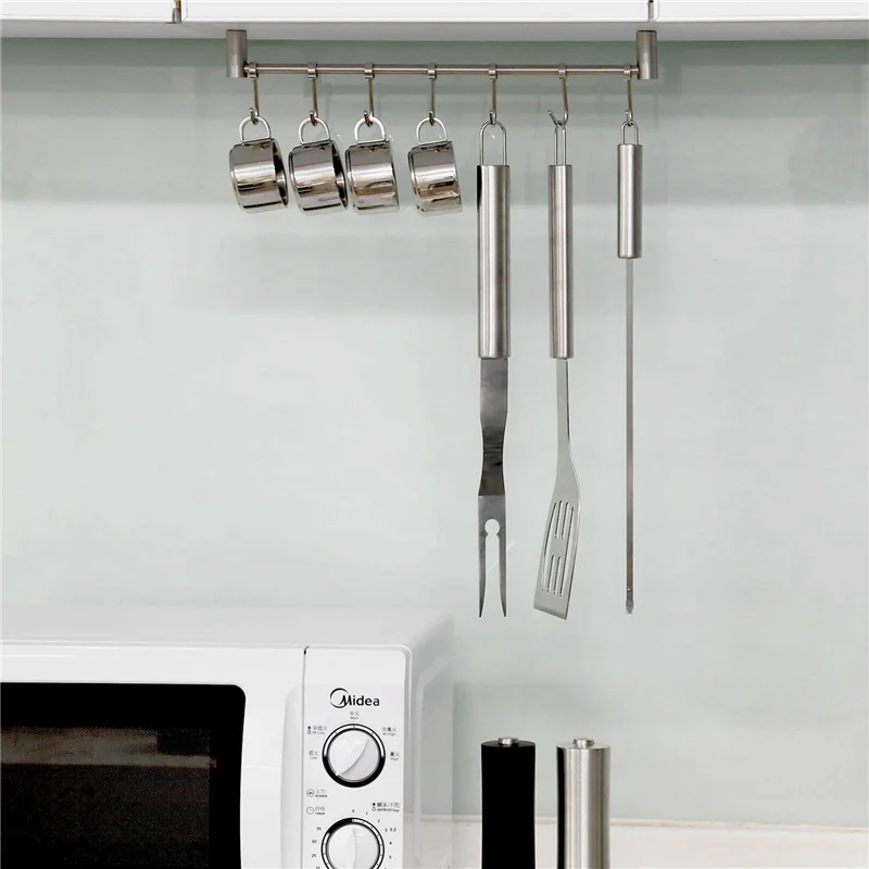 

AT02-4X Kitchen Rail Rack Wall Mounted Utensil Hanging Rack Stainless Steel Hanger Hooks 7 Sliding Hooks