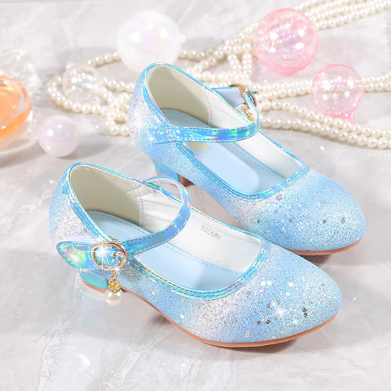 YUNICUS Girls High Heels Princess Shoes Students Children\'s Single Shoes Little Girl Performance Sequins Glitter Leather Shoes