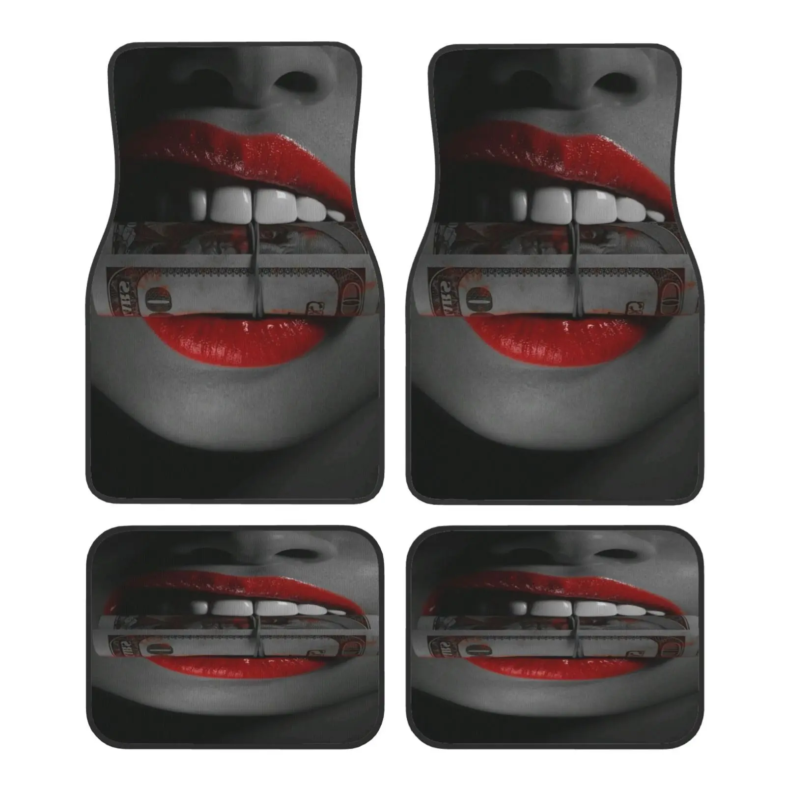 Set Of 4 Car Floor Mats Featuring A Mouth Holding US Dollars Design – Attractive, Long-Lasting, And Easy To Clean, Made From Pol