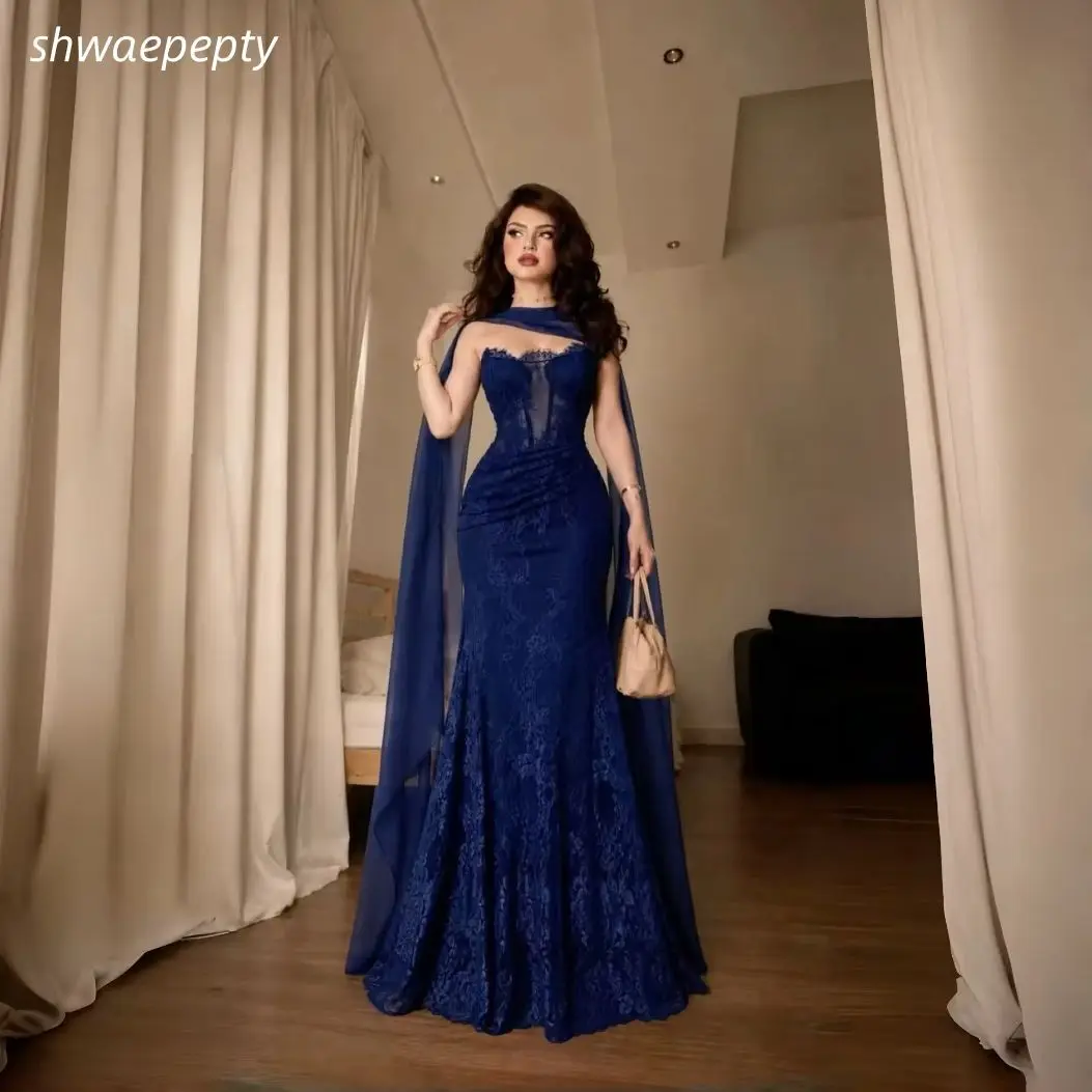 Modern Navy Blue Mermaid Evening Dress Sweetheart Neck Lace Appliques With Long Chiffon Cape Formal Prom Party Gown Customized