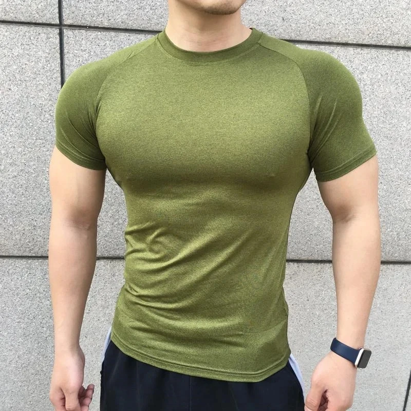 2024 New Men Summer Short Sleeve Fitness Shirt Running Sport Gym Compression T Shirt Workout Casual Elastic Force Tops Clothing