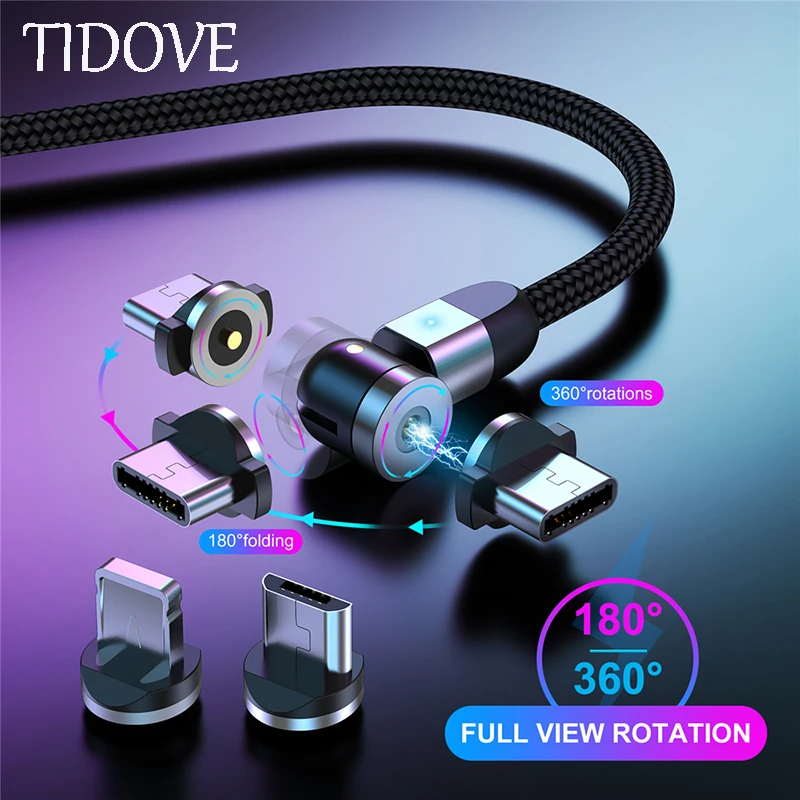 TIDOVE Magnetic USB Cable Fast Charging Type C Cable Magnet Charger Micro USB Cable Mobile Phone USB Cord New 360º+180º Rotation