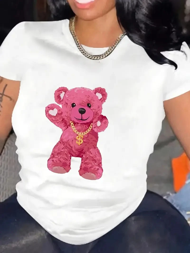 

Cute Teddy Bear Print Crew Neck T-shirt Short Sleeve Casual Top For Summer & Spring Women's Clothing
