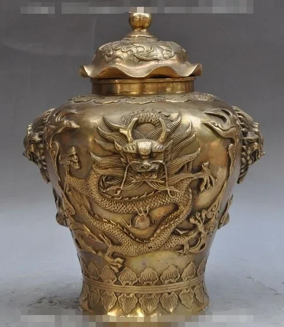 

11" china brass dragon play bead foo dog lion statue Tanks Crock jar bottle pots