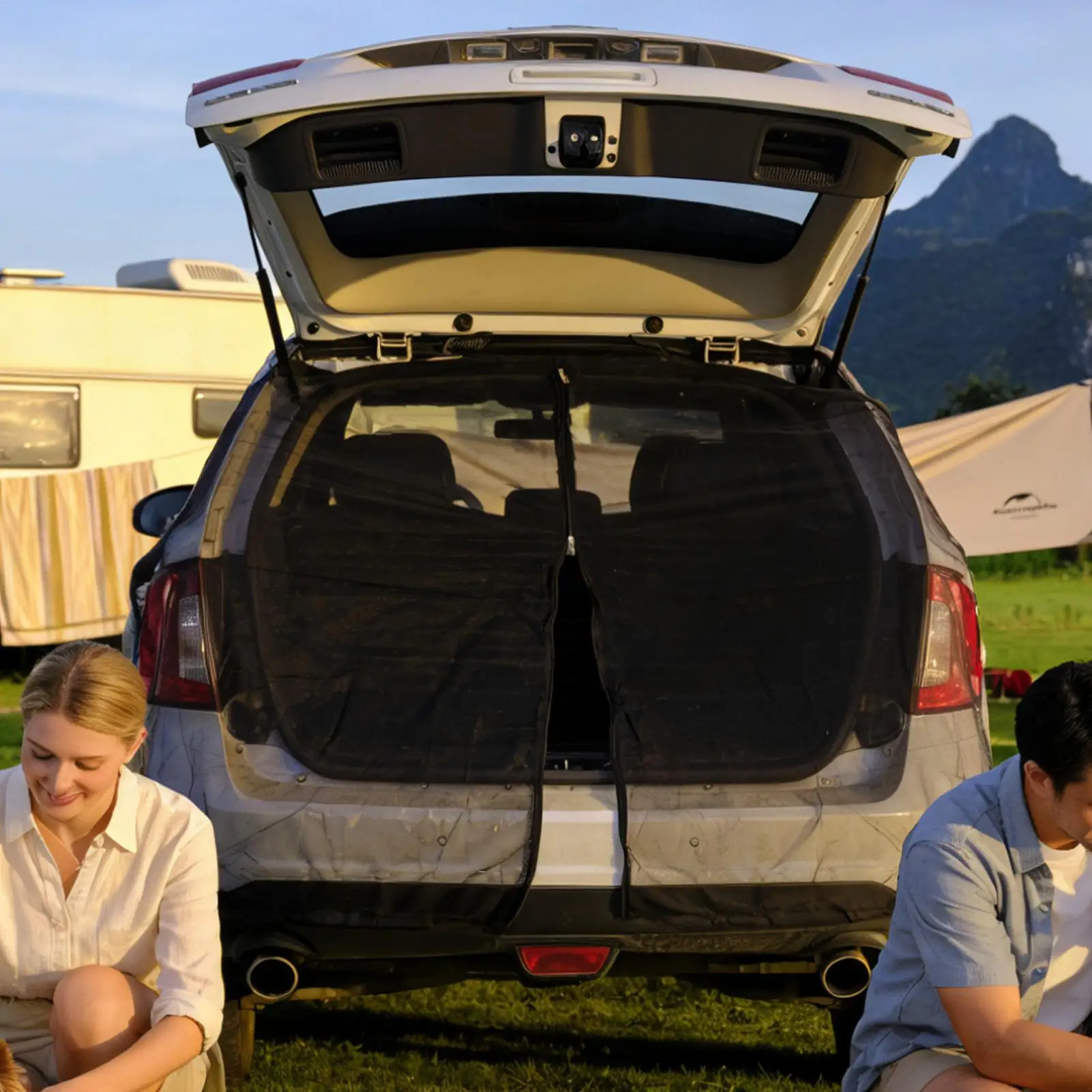 Car Tailgate Fly Mesh 58x57Inch Magnetic Breathable SUV Sun Protection Net Camping Tent For Van Truck Trailer Tailgating