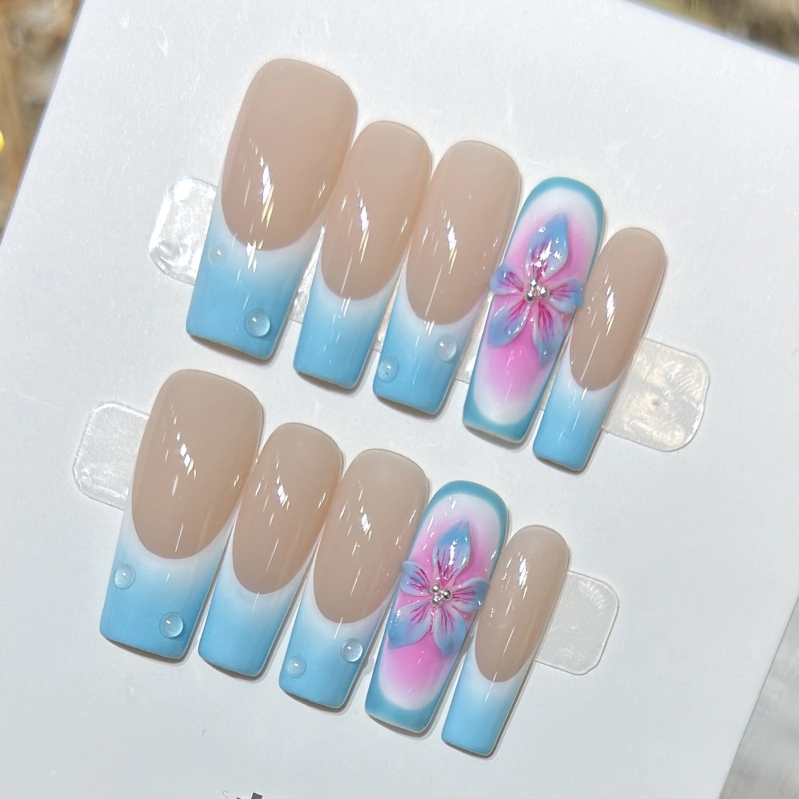 10pcs Handmade Summer Day False Nails 3D Carving Tropical Flower Designs Press On Nails Ocean Blue French Style Fake Nail Tips