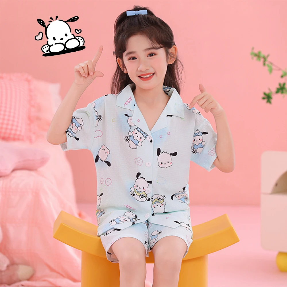 

2Pcs Anime Summer New Pochacco Kuromi Melody Children's Pajamas Set Kids Cardigan Short Sleeve Sleepwear Girls Boy Homewear Gift