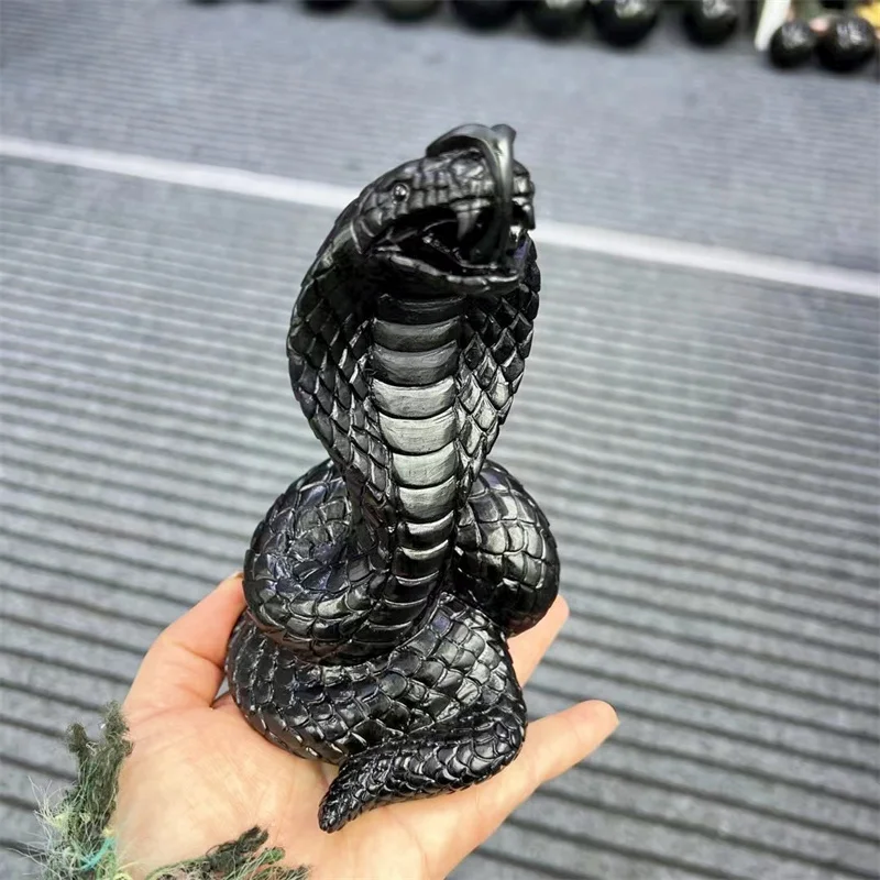 20CM Natural Stone Black Obsidian Cobra Snake Carving  Animal Powerful Statue For Home Decoration Gift 1PCS